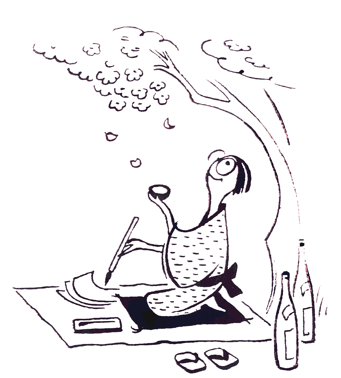 a woman sitting under the tree with caligraphy pen